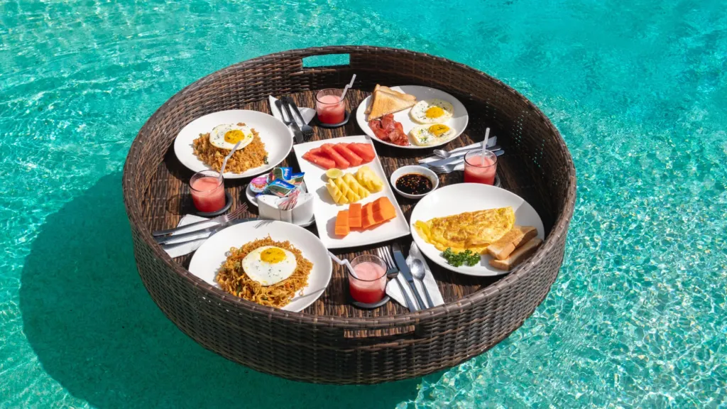 Floating breakfast tray in the pool at Villa Alice Satu