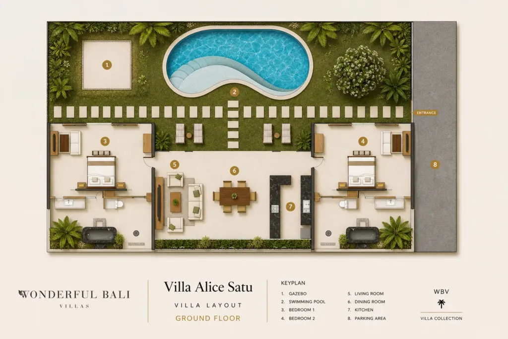 Floor plan of Villa Alice Satu, Seminyak: two bedrooms with en-suites either side of the living and dining pavilion, kitchen, gazebo, free-form pool and parking