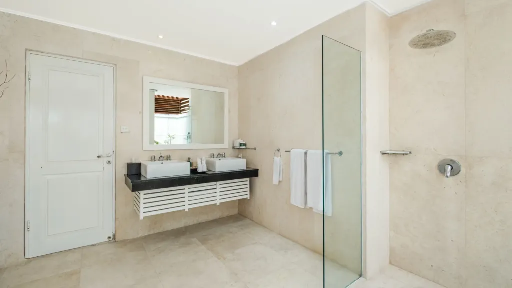Villa Alun, Batu Belig — bathroom, double vanity and walk-in rain shower