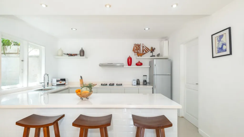 Villa Alun, Batu Belig — kitchen, breakfast bar and timber stools