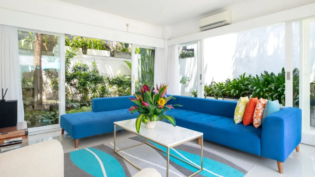 Villa Alun, Batu Belig — living room, glazed to the garden on two sides
