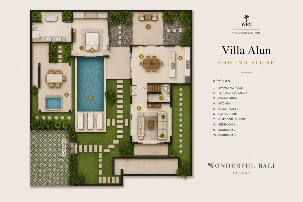 Villa Alun, Batu Belig — floor plan, ground floor with bedroom 1 and its open-air en-suite