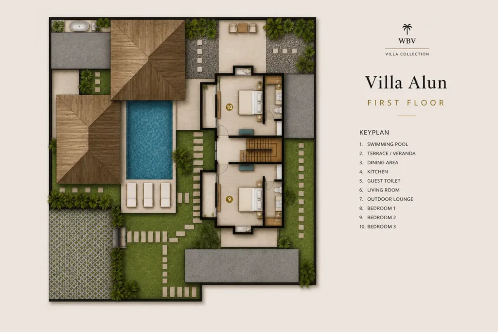Villa Alun, Batu Belig — floor plan, first floor with bedrooms 2 and 3
