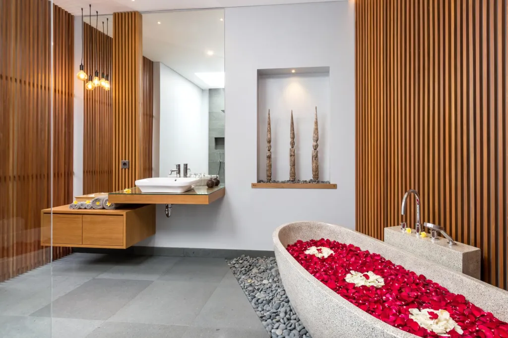 Villa Castil di Udara, Kerobokan — bathroom, en-suite at Villa Castil di Udara with soaking tub and floating vanity