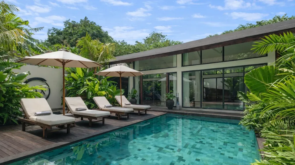Private pool with sun loungers at Villa Jaxé, a 5-bedroom private-pool villa in Bingin, Bali