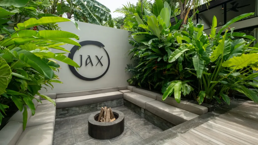 Poolside firepit lounge at Villa Jaxé, a 5-bedroom private-pool villa in Bingin, Bali