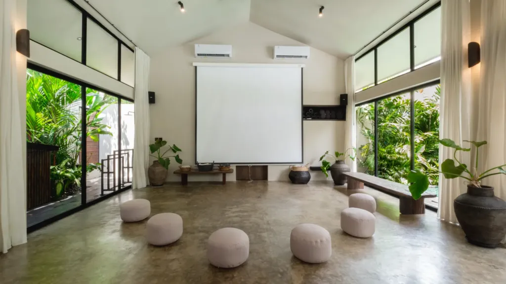 Yoga shala set up as a cinema room at Villa Jaxé, a 5-bedroom private-pool villa in Bingin, Bali