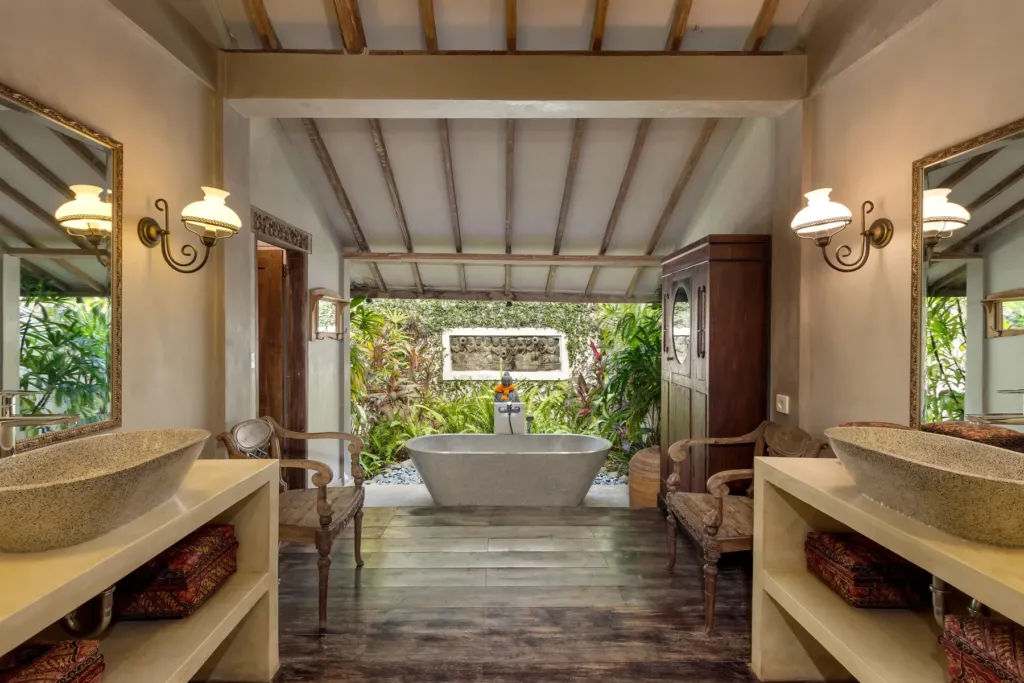 Master en-suite at Villa Koyama with freestanding bathtub open to the garden
