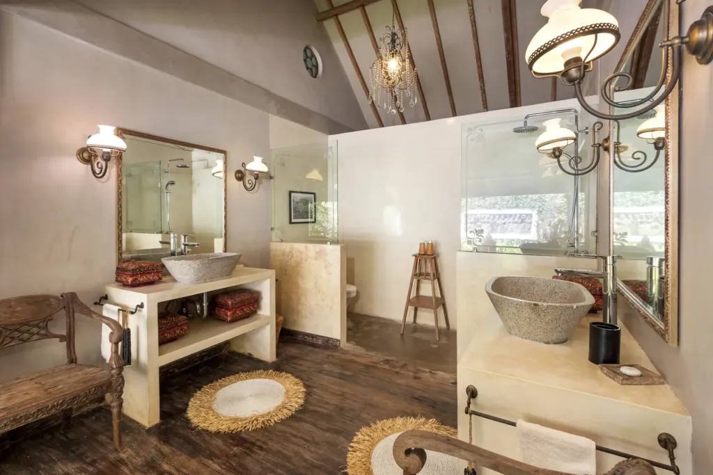 Master en-suite at Villa Koyama with walk-in shower and stone vanity