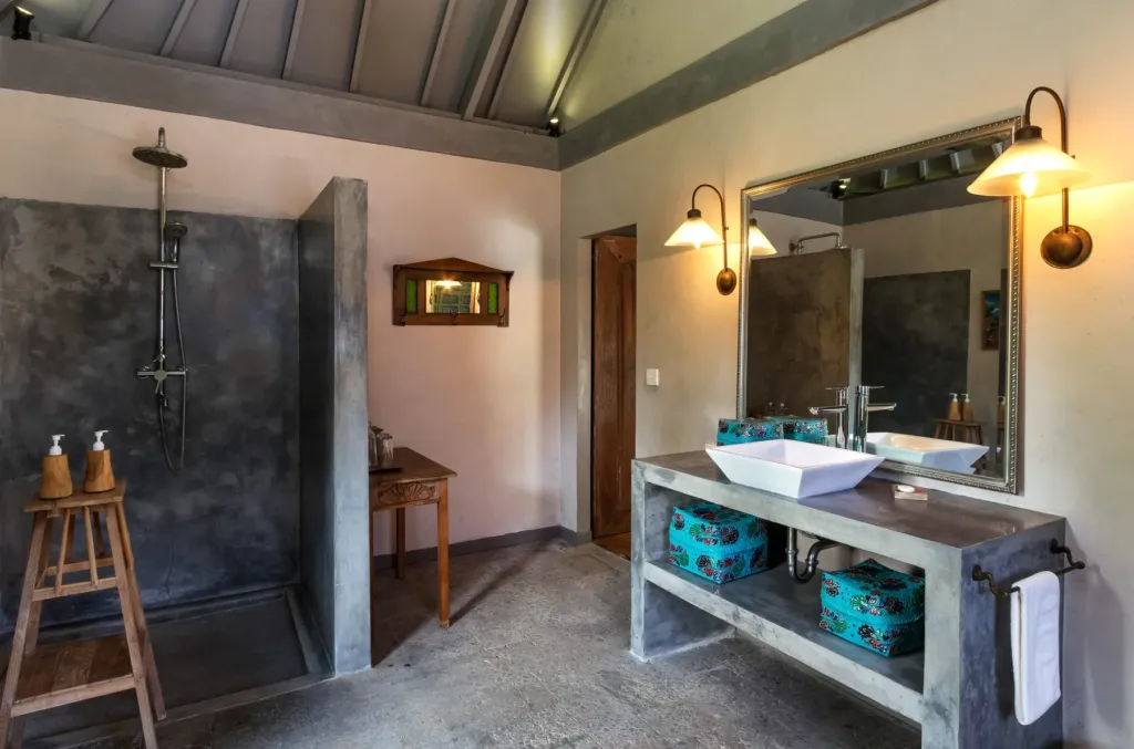 En-suite bathroom at Villa Koyama with a walk-in rain shower
