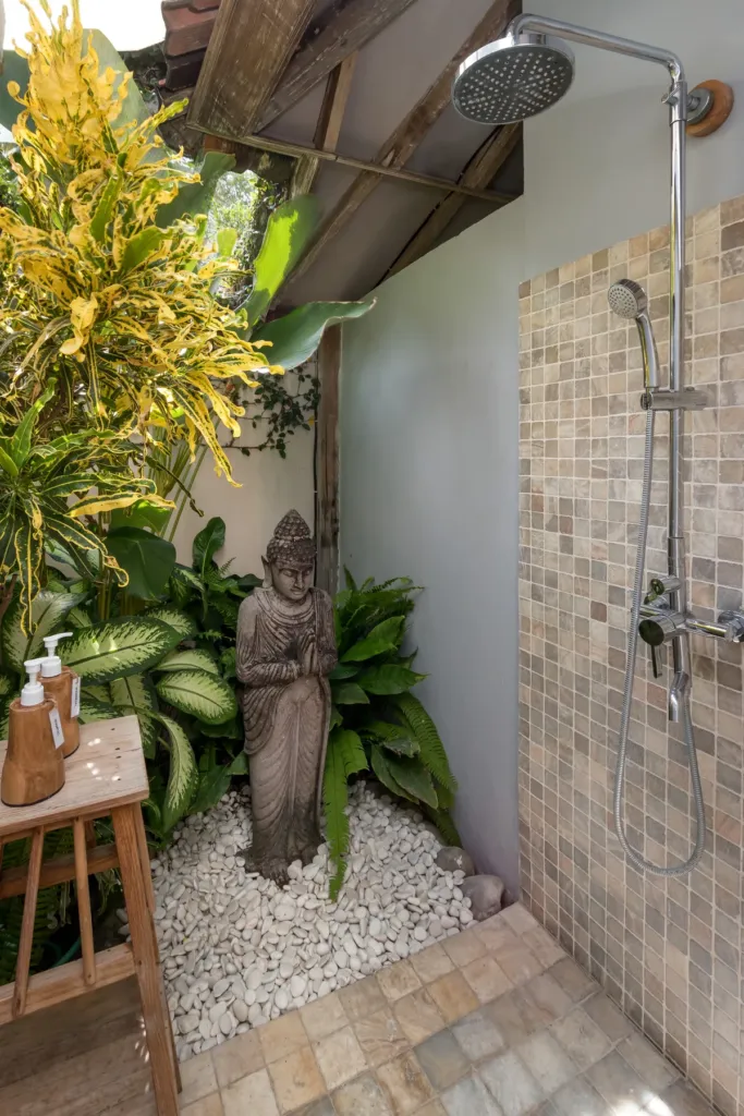 Outdoor shower in a private en-suite garden at Villa Koyama