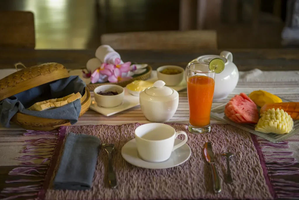 Breakfast served at Villa Koyama with fresh fruit and juice