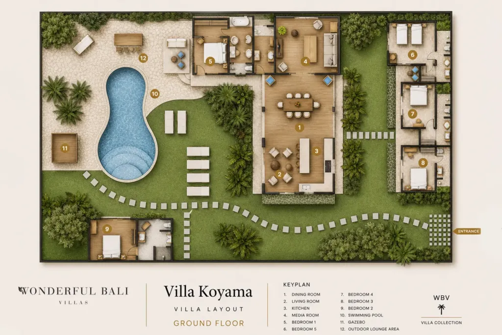 Floor plan of Villa Koyama, Seminyak: five bedrooms across garden pavilions, media room, open living and dining, kitchen, gazebo, pool and outdoor lounge