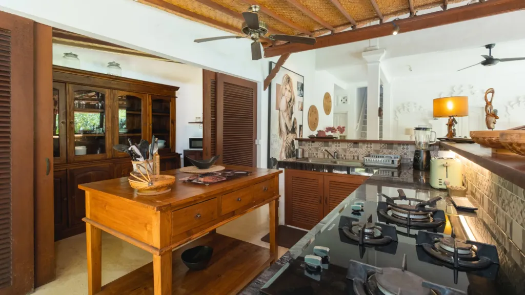 Villa Mogi, Seminyak — kitchen, fully equipped kitchen at Villa Mogi with gas hob and timber cabinetry