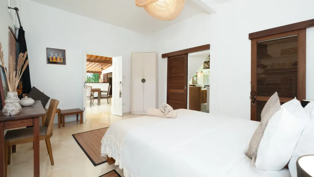 Villa Mogi, Seminyak — bedroom, king bedroom at Villa Mogi with its en-suite bathroom through the door