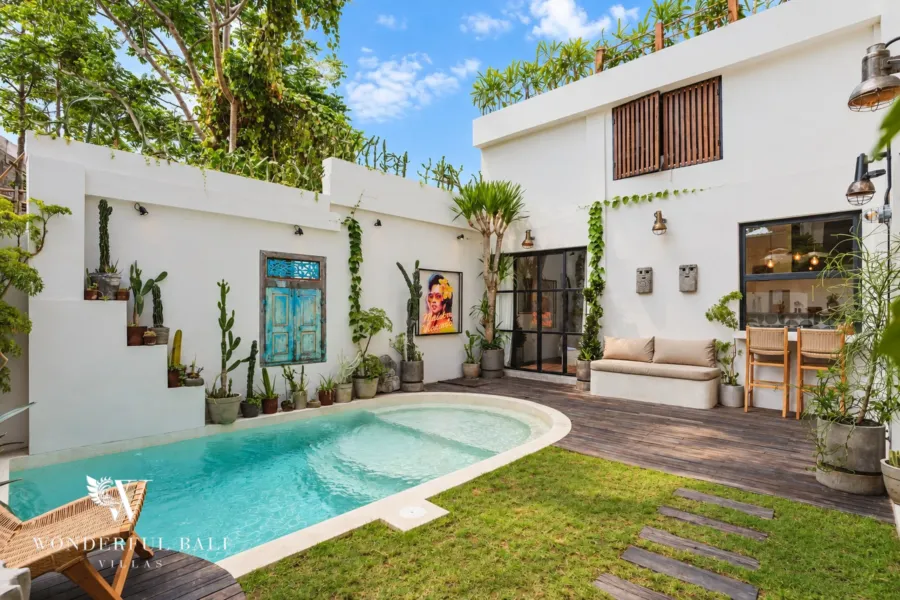 2BR villa for rent in Berawa, Canggu — pool, curved courtyard pool with a timber sun deck and cactus wall garden