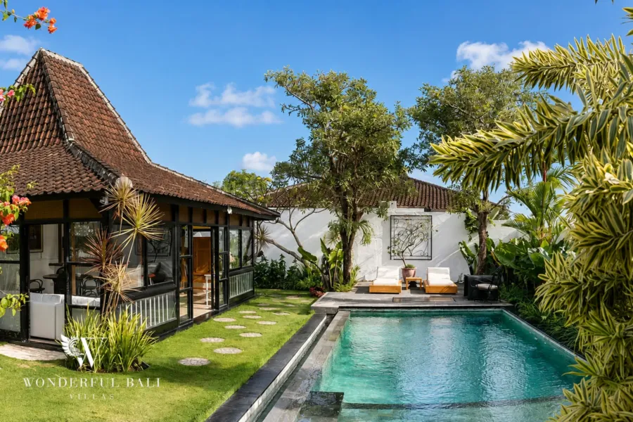 3BR villa for rent in Berawa, Canggu — pool, pool and lawn between the two Joglo houses