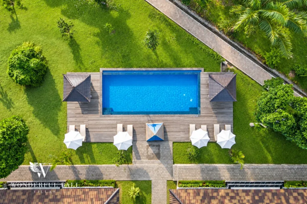 2BR villa for rent in Kaba-Kaba, Bali — exterior, the villa and the estate pool from the air