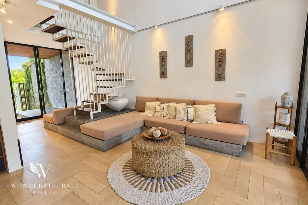 4BR villa for rent in Berawa, Canggu — living room, double-height living room with a spiral stair