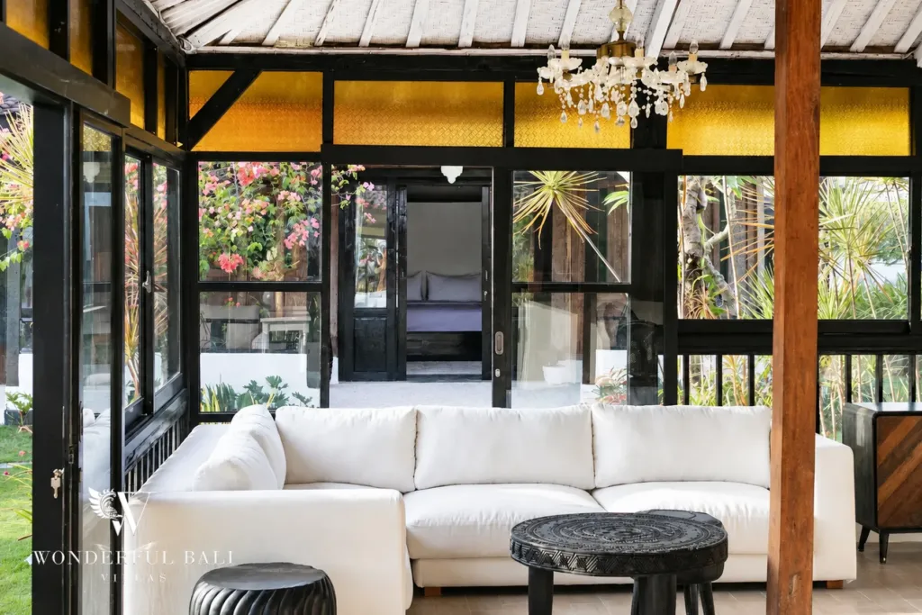3BR villa for rent in Berawa, Canggu — living room, open-air living room under the Joglo roof