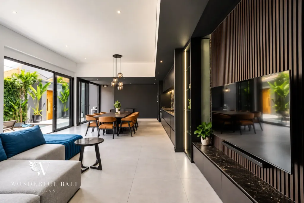 3br villa for sale umalas — living and dining area running the length of the pavilion with sliders to the courtyard
