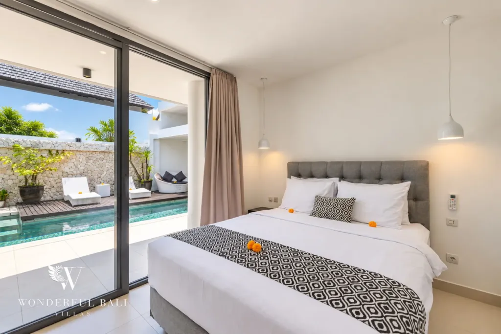 3BR villa in Berawa, Canggu, Bali — bedroom, master bedroom opening straight onto the pool deck