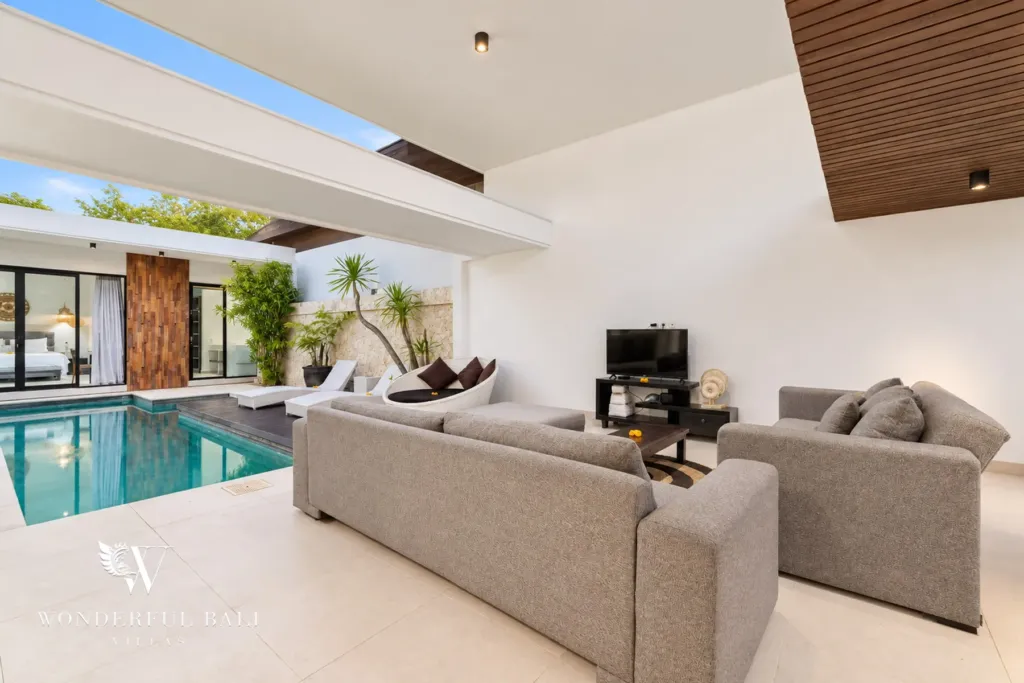 3BR villa in Berawa, Canggu, Bali — living room, open-plan living area looking across to the pool