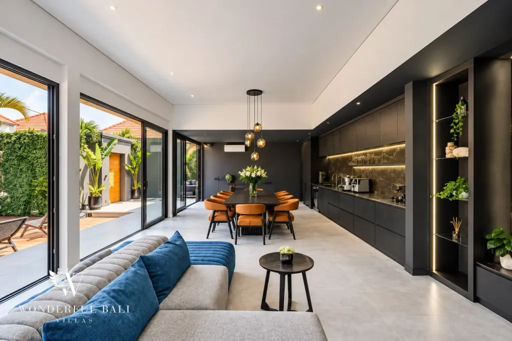 3br villa for sale umalas — living room looking out to the pool terrace through full-height sliding doors