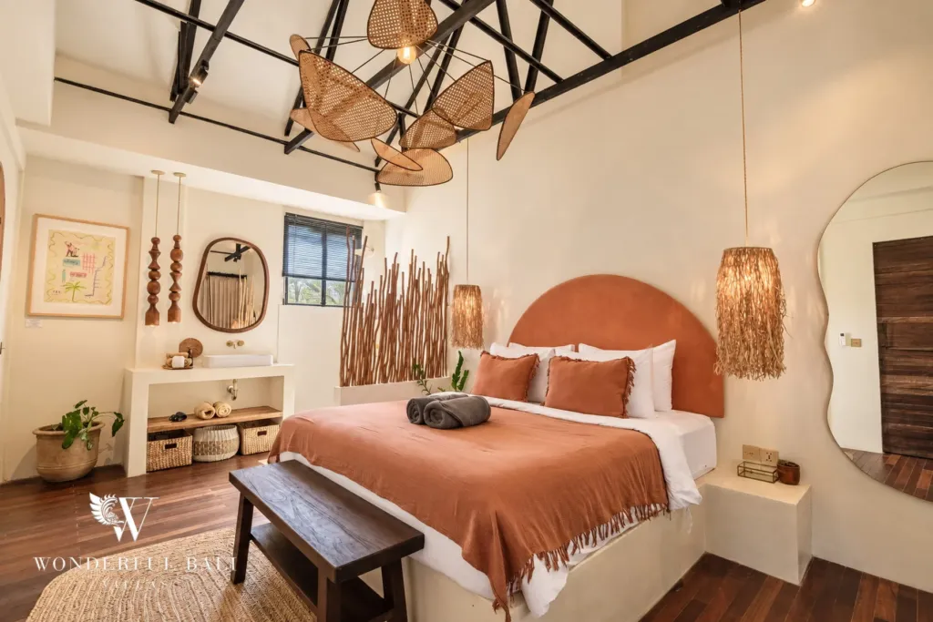 3BR villa for sale in Berawa — bedroom, bedroom with a terracotta arched headboard under steel beams
