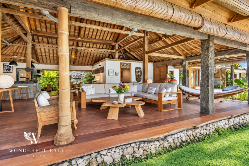 5BR villa for rent in Umalas — living pavilion, wide view under the hand-built teak roof with a hammock
