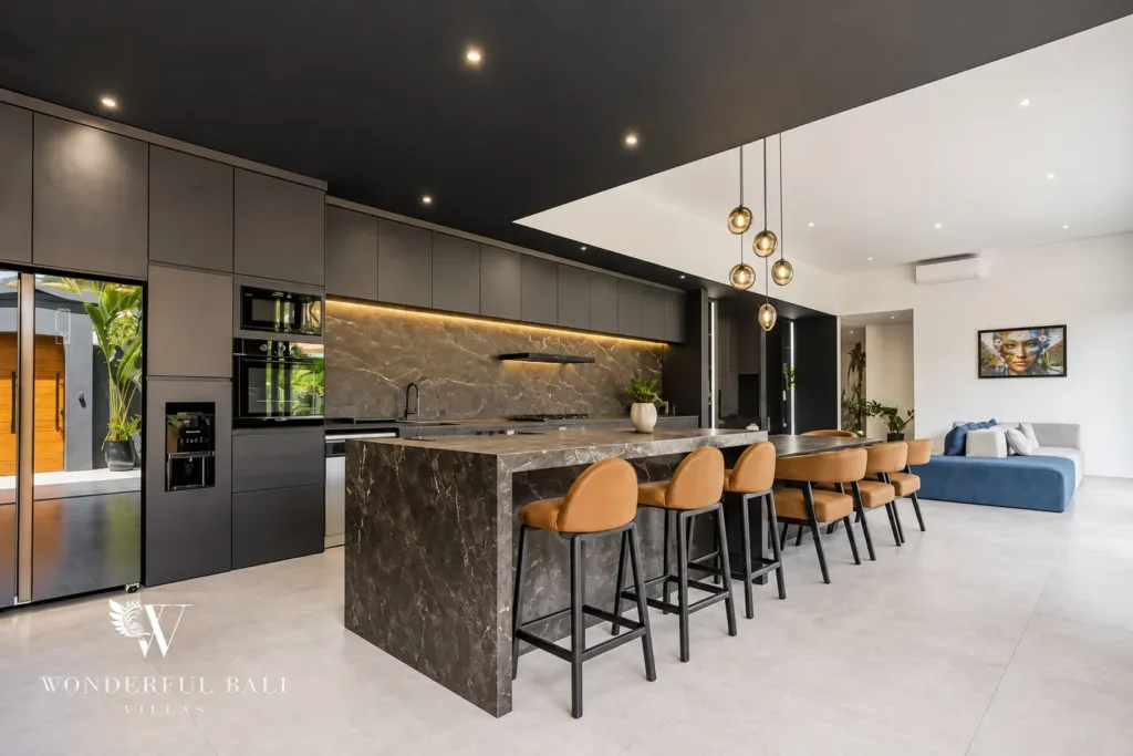3br villa for sale umalas — marble waterfall island and breakfast bar with built-in ovens and integrated coffee machine