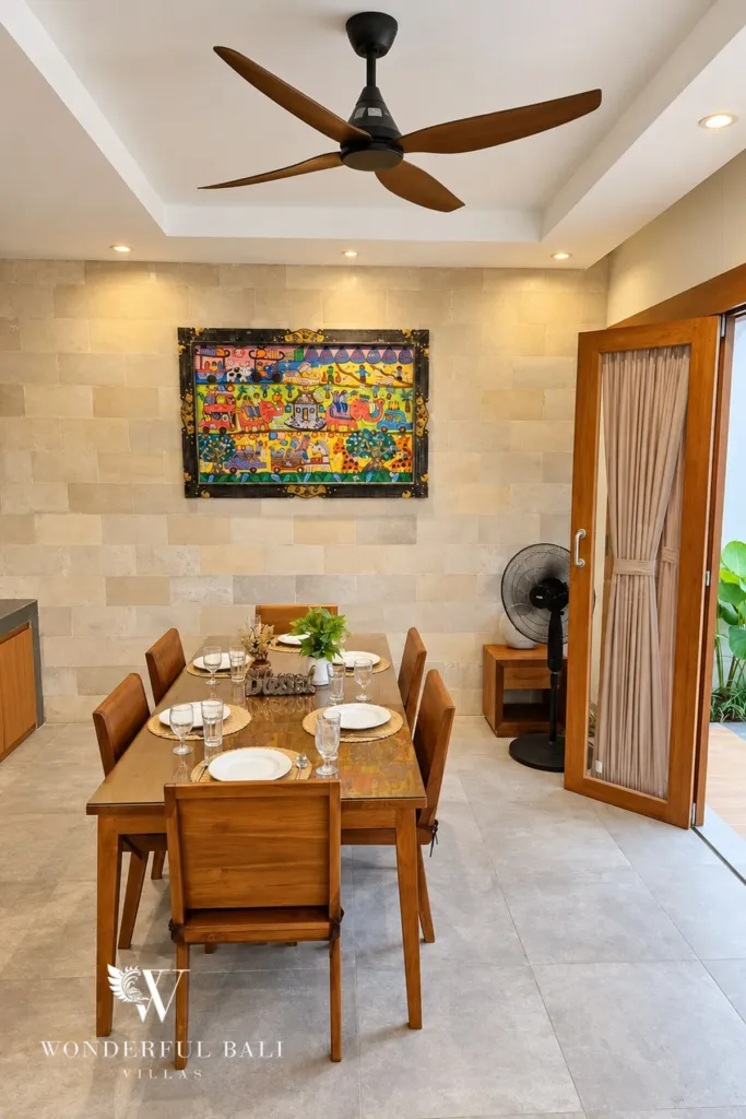 3BR villa for rent in Sanur — dining table for six under a ceiling fan
