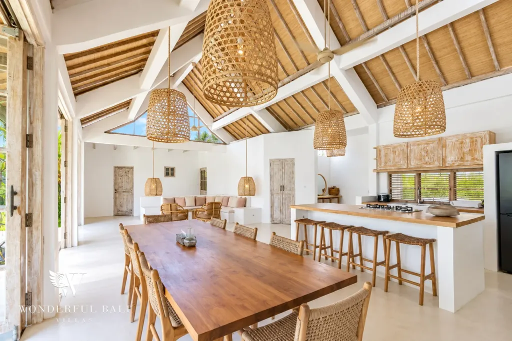 4BR villa for rent in Umalas, Bali — kitchen, dining table alongside the open kitchen under the vaulted roof