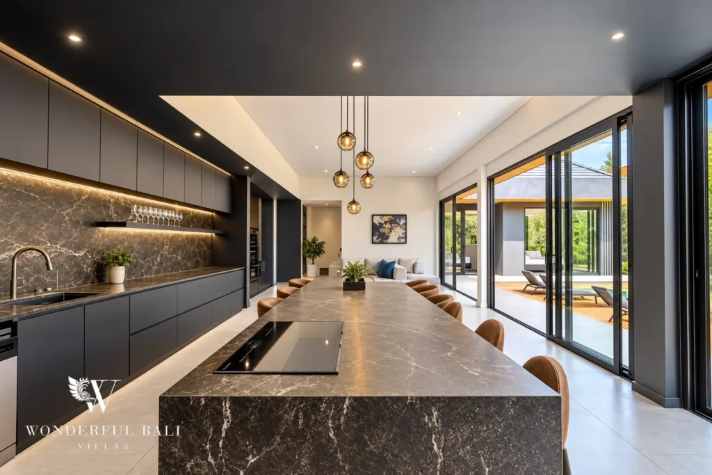 3br villa for sale umalas — induction hob set into the marble island with the living room and pool terrace beyond