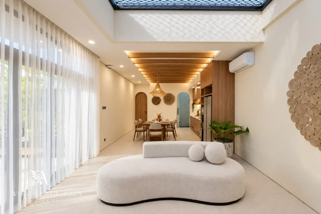 3BR villa for rent in Berawa, Canggu — living room, the living area looking through to the dining table