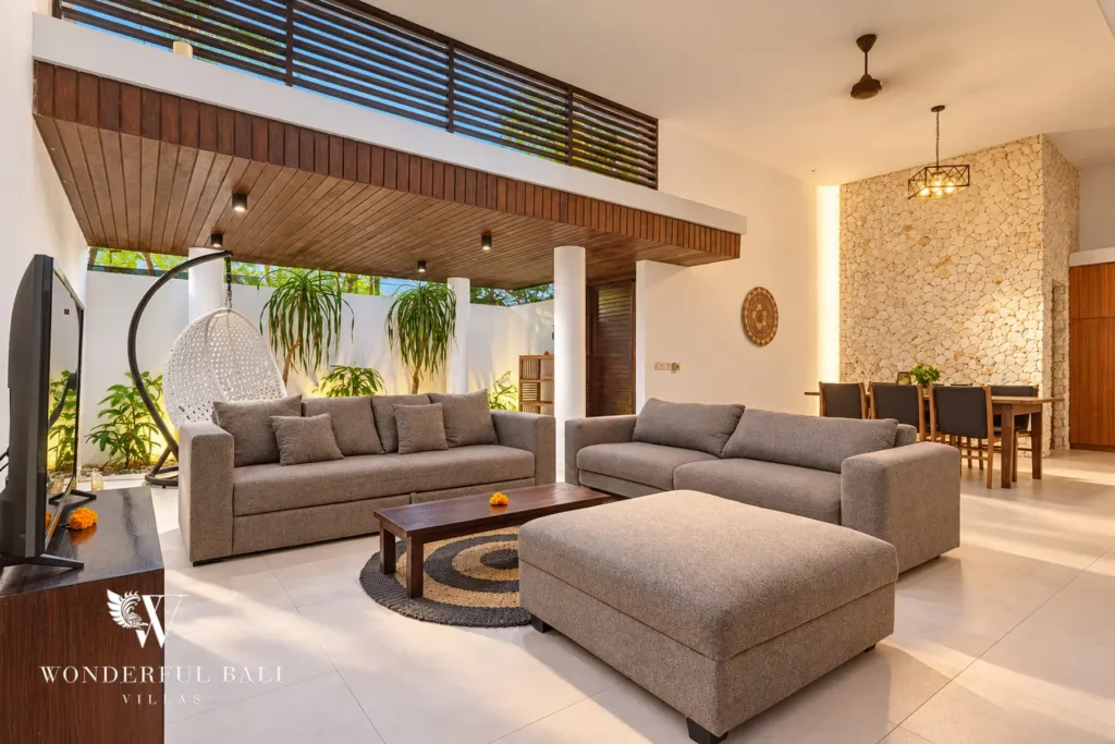 3BR villa in Berawa, Canggu, Bali — living room, open-plan tropical living area with sofas