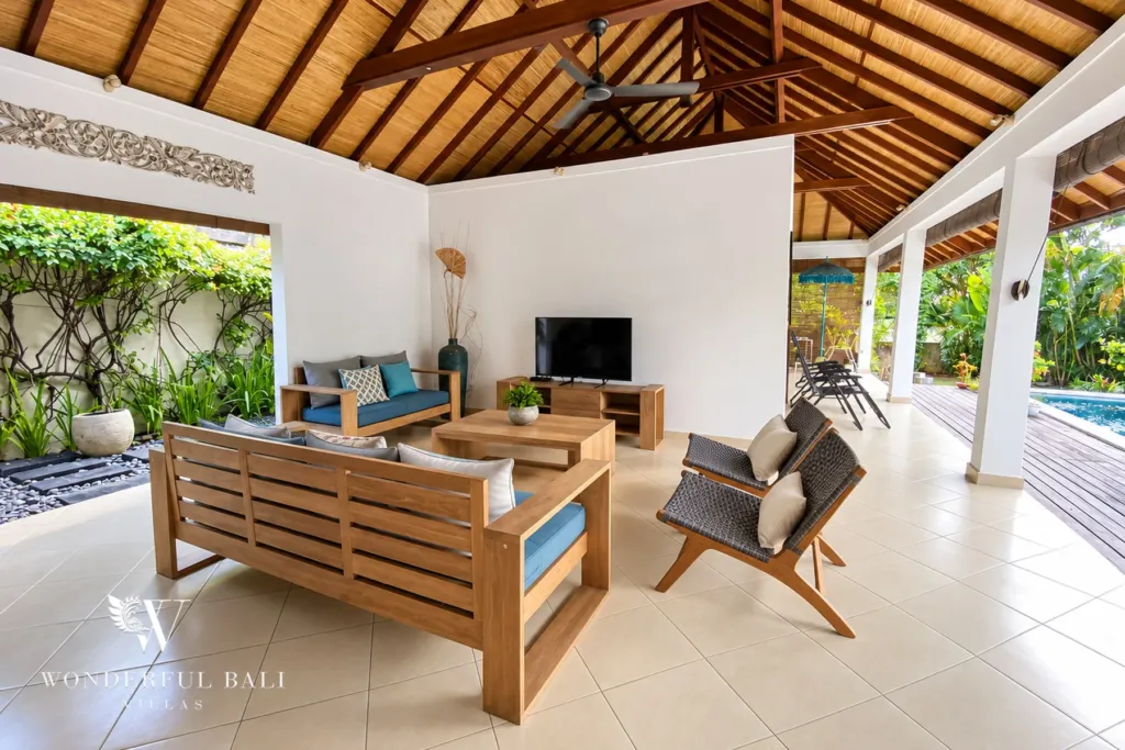 3BR villa for rent in Padonan, Canggu — living room, wide view of the living pavilion open to the garden on two sides