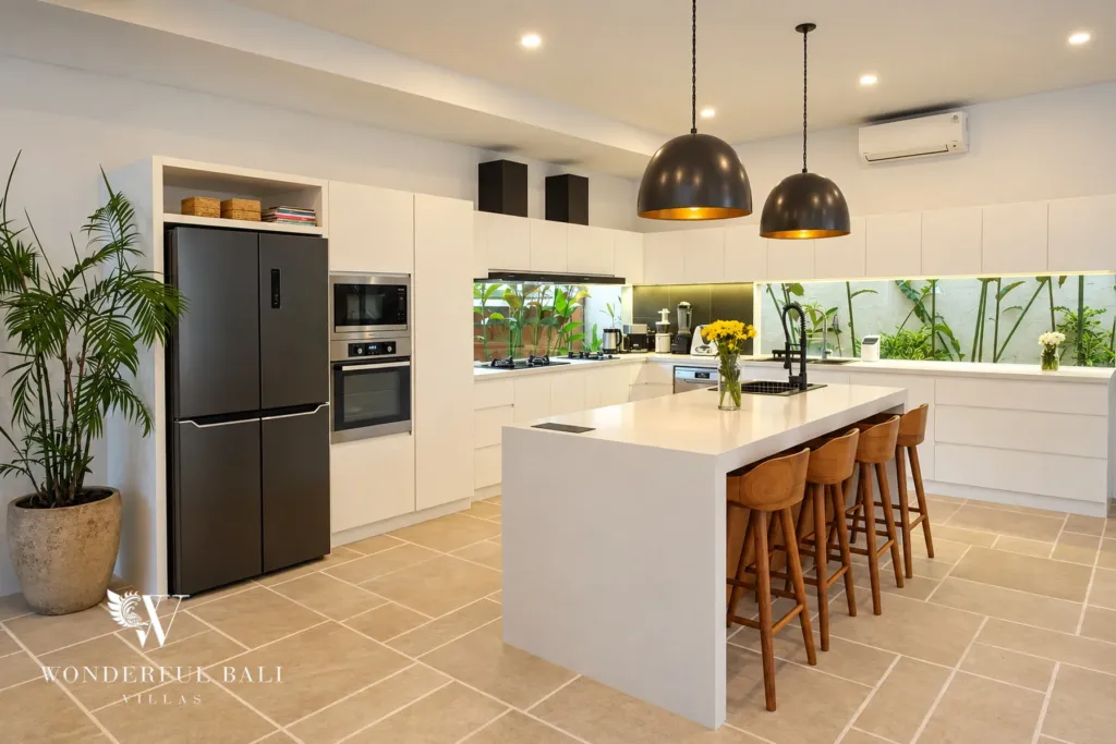 5BR villa for rent in Seseh, Bali — kitchen, stone island with seating