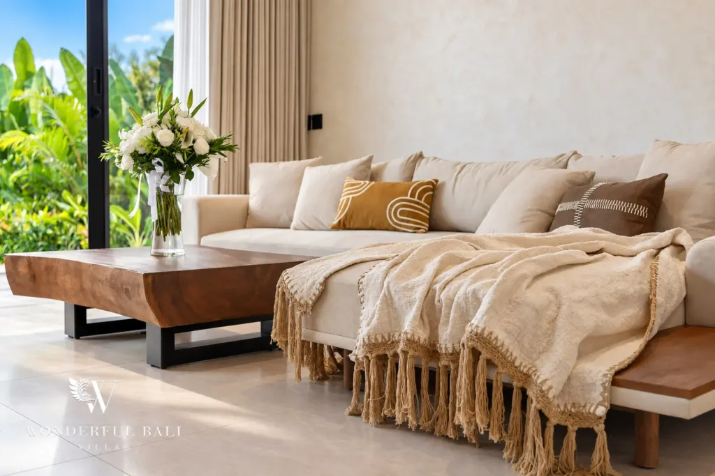 2BR villa for rent in Padonan, Canggu — living room, sofa and solid timber coffee table