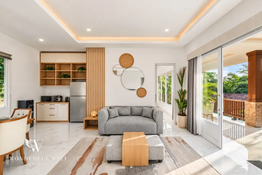 2BR villa for rent in Kaba-Kaba, Bali — living room, living area opening through to the dining and kitchen