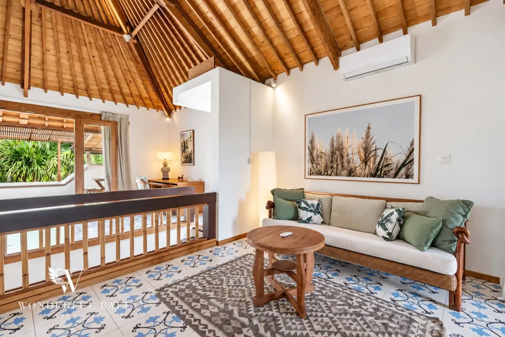 5BR villa for rent in Umalas — upstairs lounge, enclosed lounge with sofa, air conditioning and patterned tiles