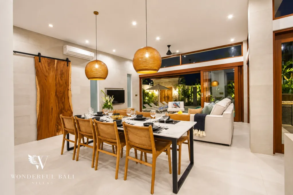 4BR villa for rent in Cemagi — dining, dining table for eight with rattan pendant lights