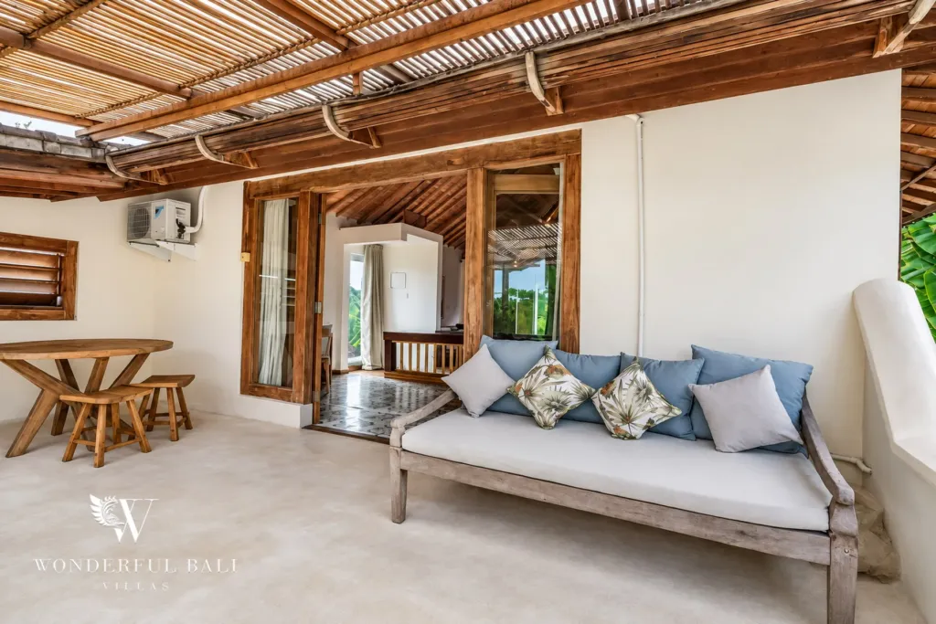5BR villa for rent in Umalas — terrace, covered seating and small dining table under a timber pergola