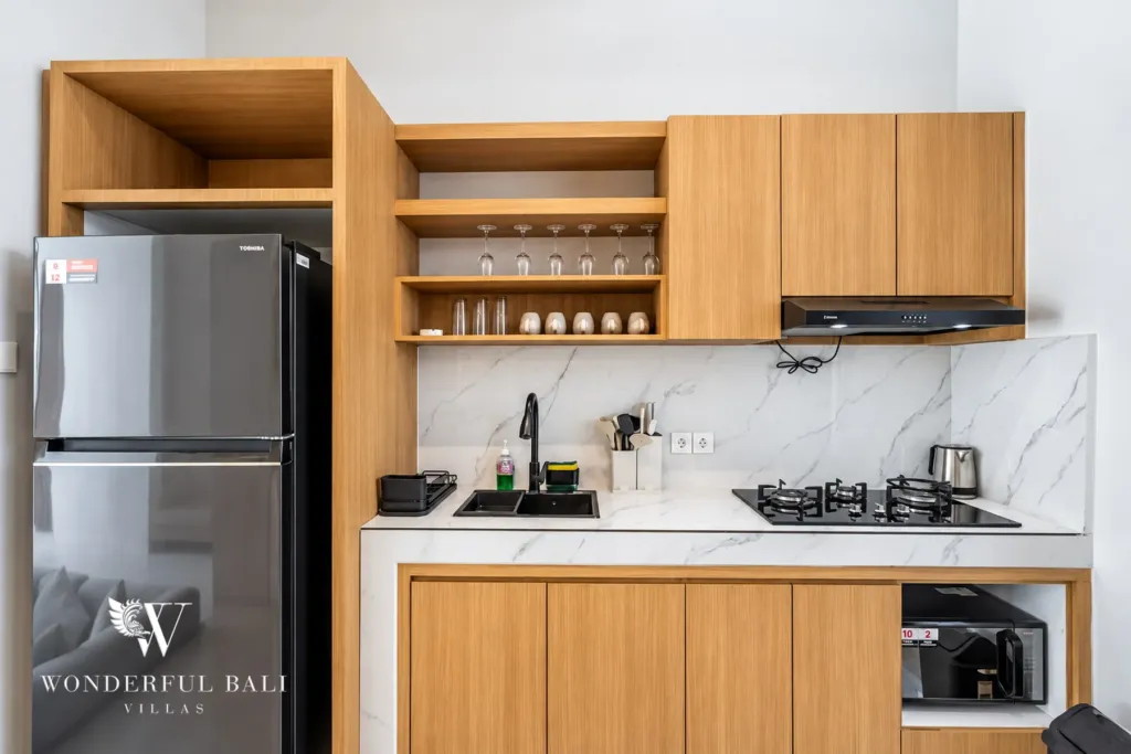3BR villa for rent in Umalas, Bali — kitchen, fitted kitchen with marble splashback