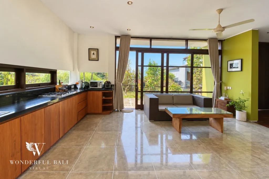 3BR villa for sale in Jimbaran — kitchen, open kitchen and lounge with a glass coffee table