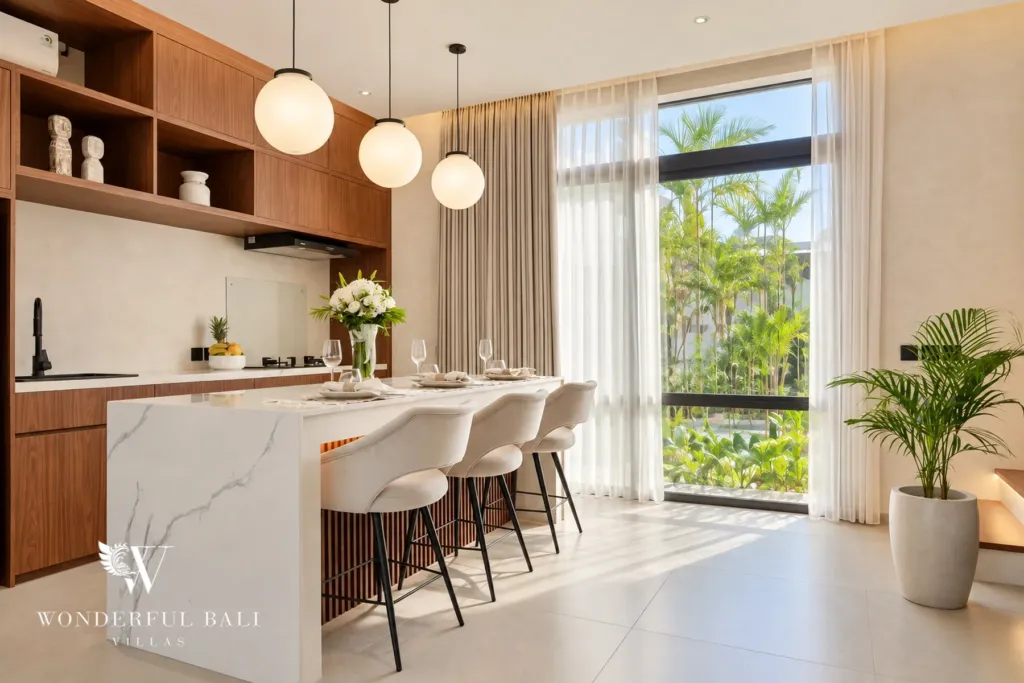 2BR villa for rent in Padonan, Canggu — kitchen, marble waterfall island with four bar stools