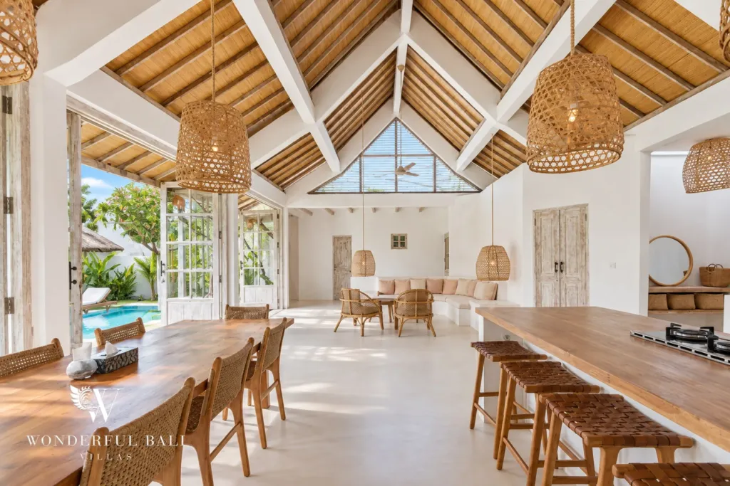 4BR villa for rent in Umalas, Bali — kitchen, wide view across the dining table to the kitchen