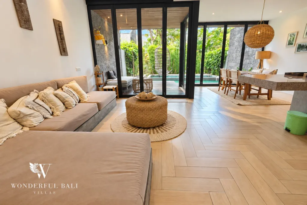 4BR villa for rent in Berawa, Canggu — living room, living area opening to the pool terrace
