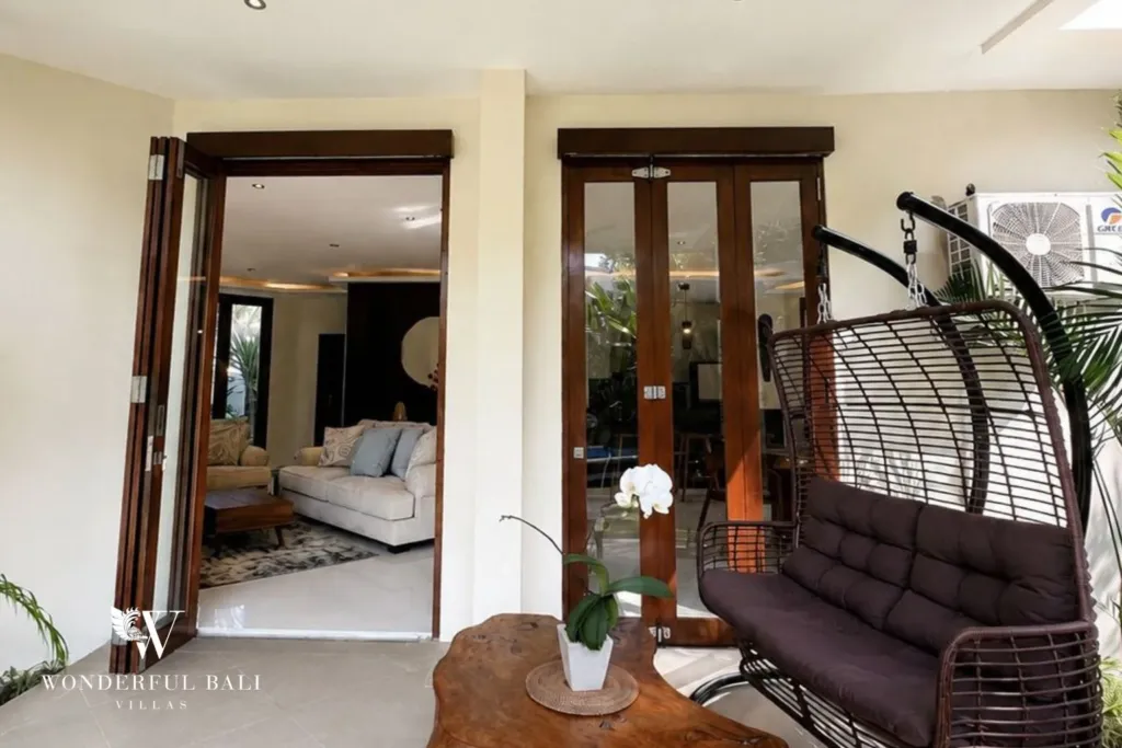 4BR villa for rent in Padonan, Canggu — terrace, folding doors opening from the terrace into the living room