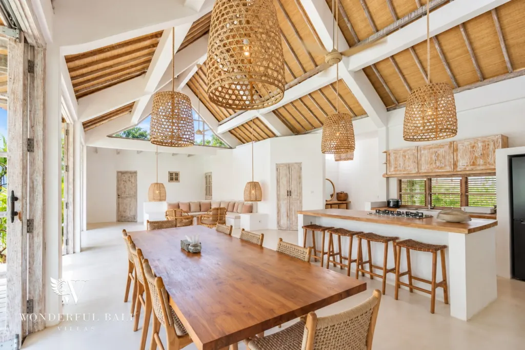 4BR villa for rent in Umalas, Bali — kitchen, dining and kitchen with the garden doors open
